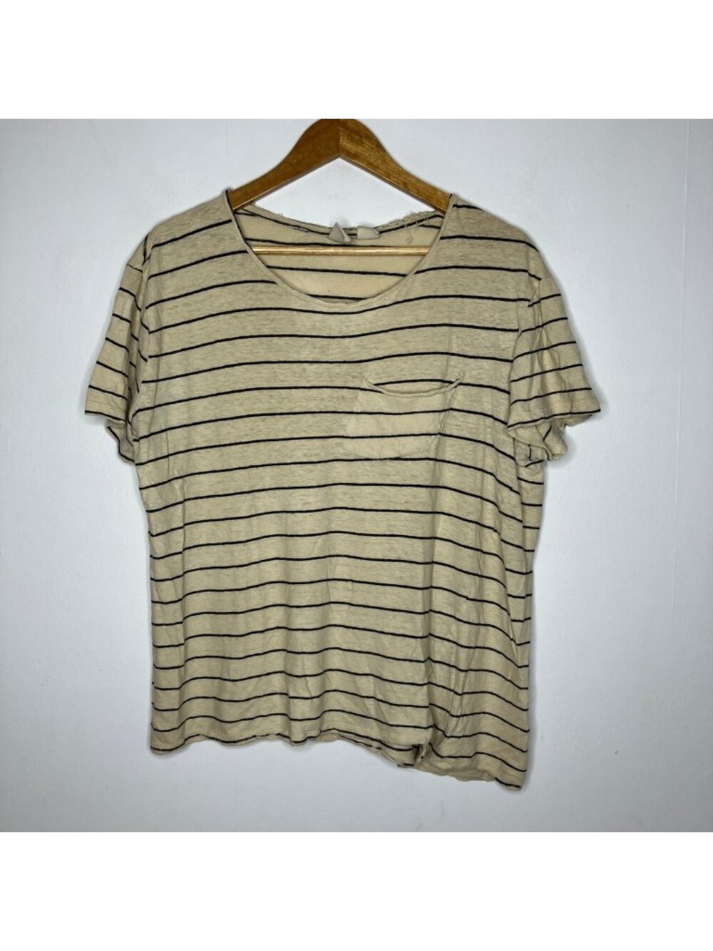 Maeve Anthropologie Women's M Beige Black Stripe Linen Cotton Blend Pocket